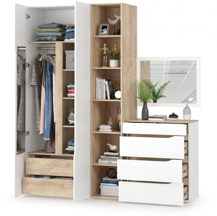 Муссон 13.198 Шкаф + 13.349 Стеллаж + 13.97 Комод + Зеркало СВК, цвет белый/дуб эндгрейн элегантный, ШхГхВ 204,6х52,3х229,8 см., НЕ универс. сб.
