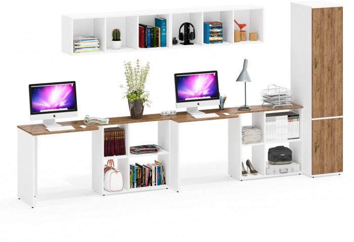 Лидер-8 Стол + Полка + Стол + Полка + Пенал МД 23Б, белый шагрень/крафт золото