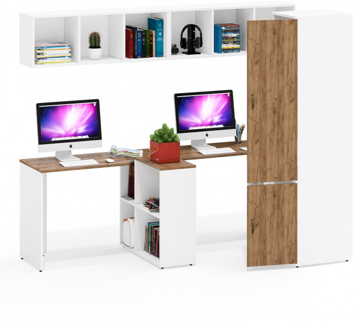 Лидер-8 Стол + Полка + Стол + Полка + Пенал МД 23Б, белый шагрень/крафт золото