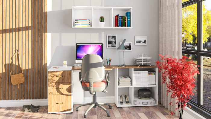 Лидер-8 Стол + Полка + Тумба МД 3.16, цвет белый шагрень/крафт золото, ШхГхВ 205х50/30х75/190 или 155х80/50х75/190 см., НЕ универсальная сборка