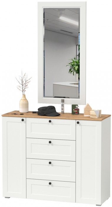 Остин 16.221 Комод + 17.03 Зеркало, цвет белый шагрень/дуб крафт золотой, ШхГхВ 120х41,9х229,6 см.