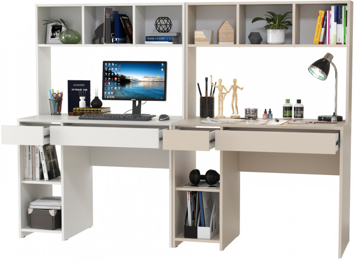 Стол компьютерный Комфорт 12.77F + Стол компьютерный Комфорт 12.77F, цвет белый шагрень/сатин, ШхГхВ 200х49,8х147 см., универсальная сборка