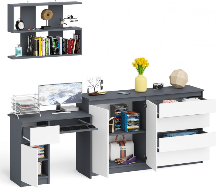 Мори Стол компьютерный МС-1 левый + Комод МК1600.1 + Полка 900, цвет графит/белый, ШхГхВ 250,4х50х209,6 см., НЕ универсальная сборка