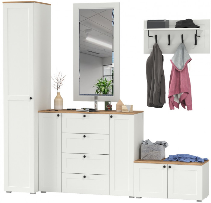 Остин Прихожая 51, цвет белый шагрень/дуб крафт золотой, ШхГхВ 240х54,3х229,6 см., универсальная сборка