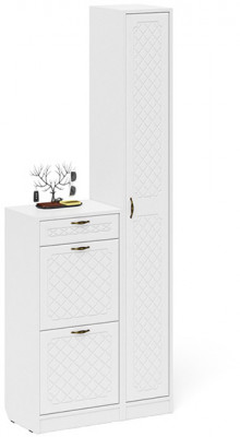 Прихожая П-6 Компоновка № 22, цвет белая шагрень/фасады МДФ белое дерево фрезеровка ромб, ШхГхВ 80х35х210 см., универсальная сборка