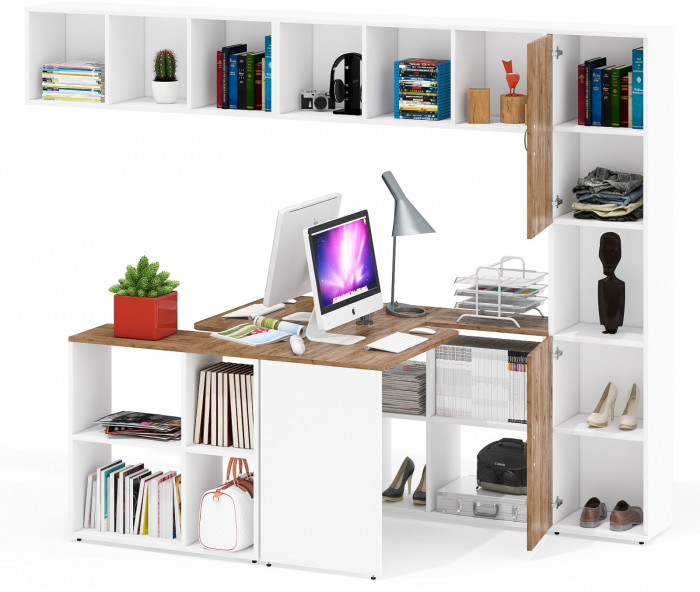 Лидер-8 Стол + Полка + Стол + Полка + Пенал, белый шагрень/крафт золото