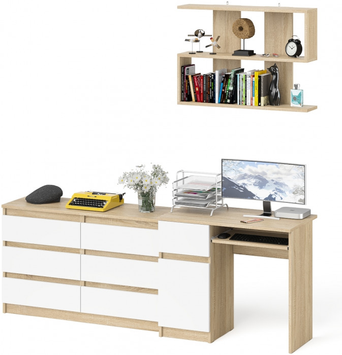 Мори Стол компьютерный МС-1 левый + Комод МК1200.6 + Полка 900, цвет дуб сонома/белый, ШхГхВ 210,4х50х209,6 см., НЕ универсальная сборка
