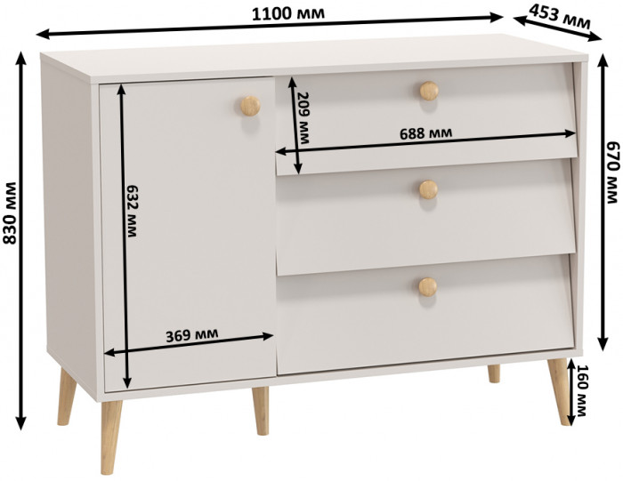 Афина Спальня Комод с дверкой и тремя ящиками х 2, цвет кашемир серый, ШхГхВ 2х110х45,3х83 см., универсальная сборка