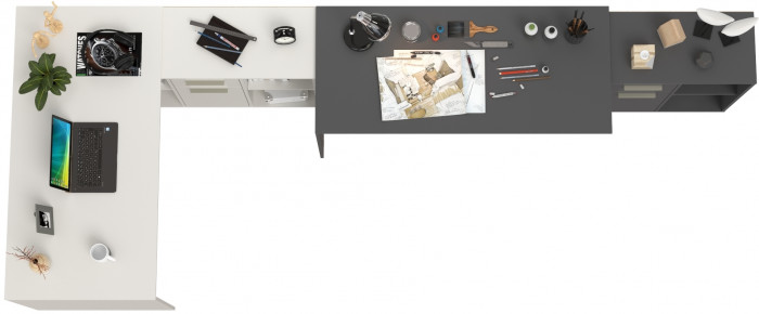 Два Стола письменных Лайт 03.245, цвет белый шагрень/тёмно-серый, ШхГхВ 342,9х136х75,2 см.(угловой) или 407,2х60х75,2 см.(прямой), универс. сборка