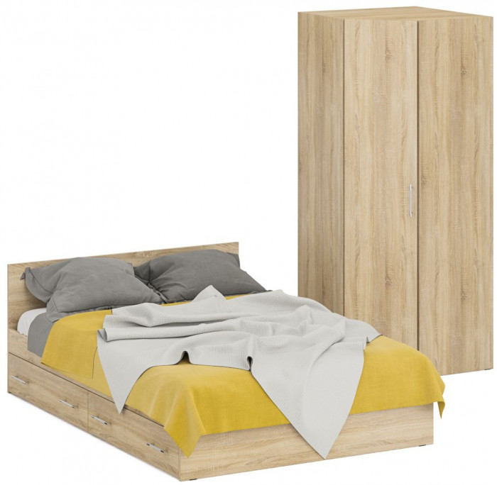 Кровать с ящиками 1400 + Шкаф угловой Стандарт, цвет дуб сонома, ШхГхВ 143,5х203,5х70 + 81,2х81,2х200 см., сп.м. 1400х2000 мм., б/м, основание есть