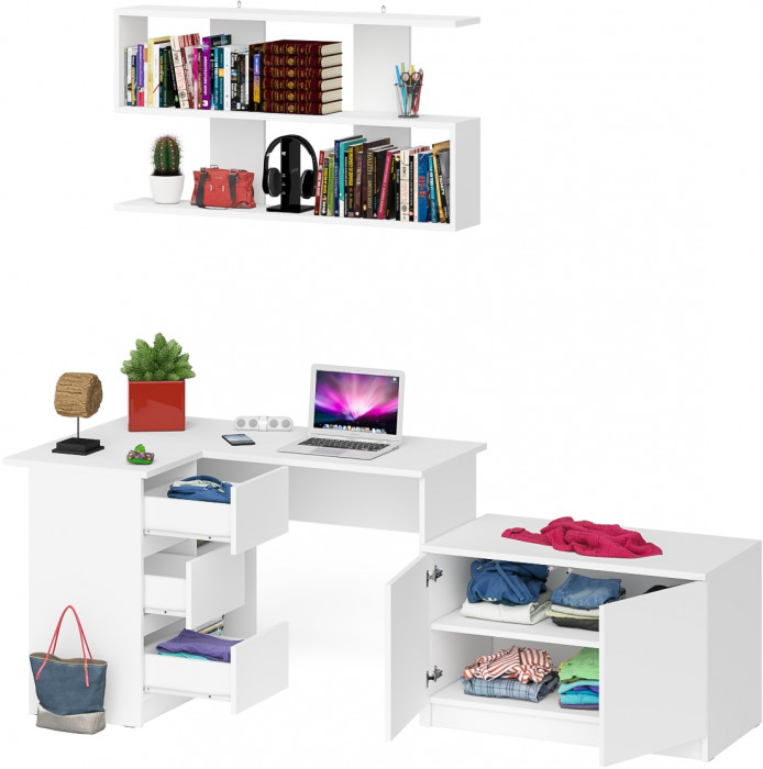 Мори компьютерный стол МС-16 левый + Тумба МА900.1 + Полка 1200, белый