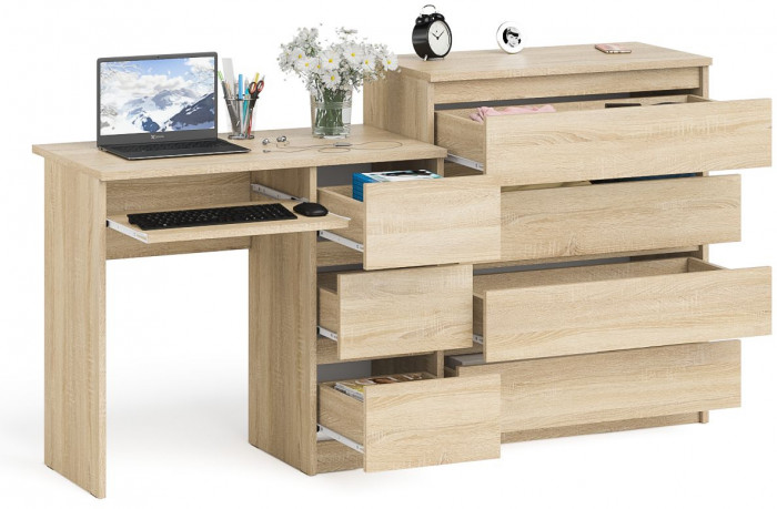 Мори Стол компьютерный МС-6 правый + Комод МК800.4, цвет дуб сонома, ШхГхВ 170,4х50х94 см., выдвижные ящики справа, НЕ универсальная сборка