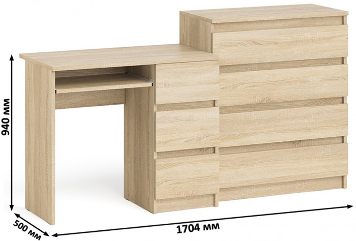 Мори Стол компьютерный МС-6 правый + Комод МК800.4, цвет дуб сонома, ШхГхВ 170,4х50х94 см., выдвижные ящики справа, НЕ универсальная сборка