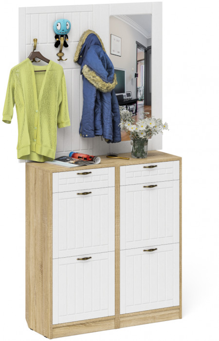 Прихожая П-6 Компоновка № 05, цвет дуб сонома/фасады МДФ белое дерево фрезеровка прованс, ШхГхВ 110х35х200 см.