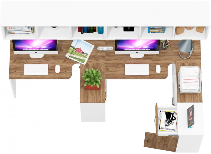 Лидер-8 Стол + Полка + Стол + Полка + Тумба МД 3.15, белый шагрень/крафт золото