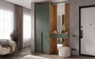 Тумба с зеркалом и шкафом 2-х ств Марвэл, Крафт золотой/Браш мени грин