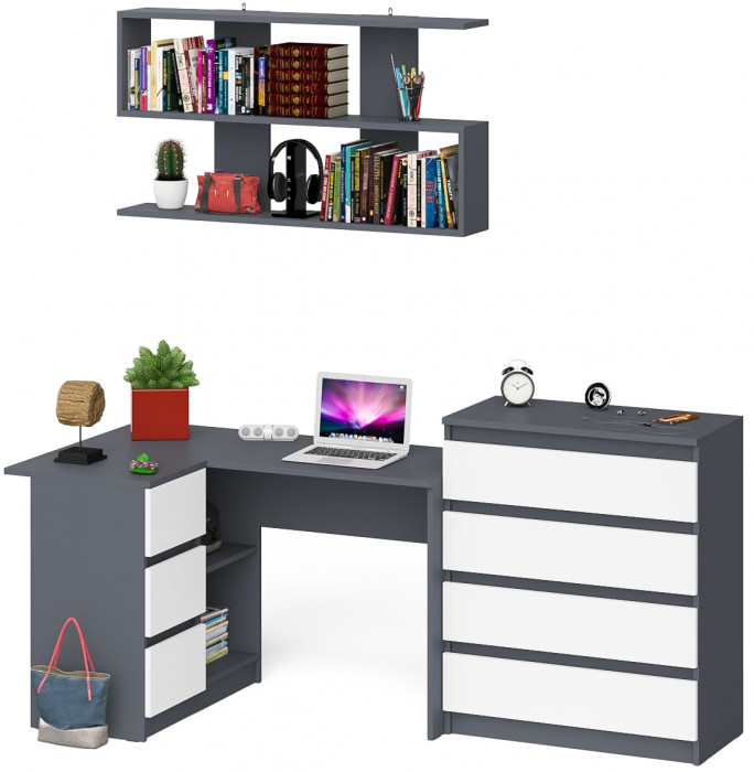 Мори компьютерный стол МС-16 левый + Комод МК800.4 + Полка 1200, графит/белый