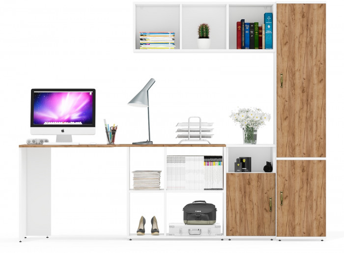 Лидер-8 Стол + Полка + Тумба МД 3.19 + Пенал МД 22Б, цвет белый шагрень/крафт золото, ШхГхВ 245х50/37,5х75/190 или 115х160/50х75/190 см., НЕ ун. сб.