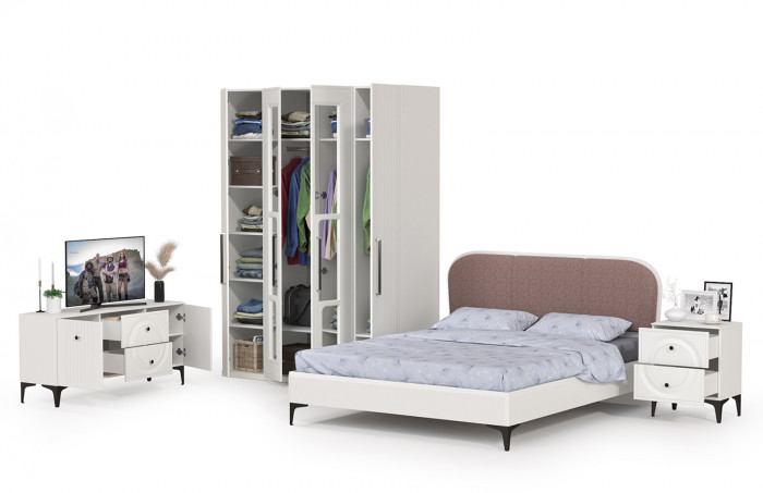 Валенсия Спальня № 44, цвет ЛДСП белый шагрень/МДФ белый шагрень/ткань велутто 19, ортопед есть, сп. м. 1600х2000 мм., б/м