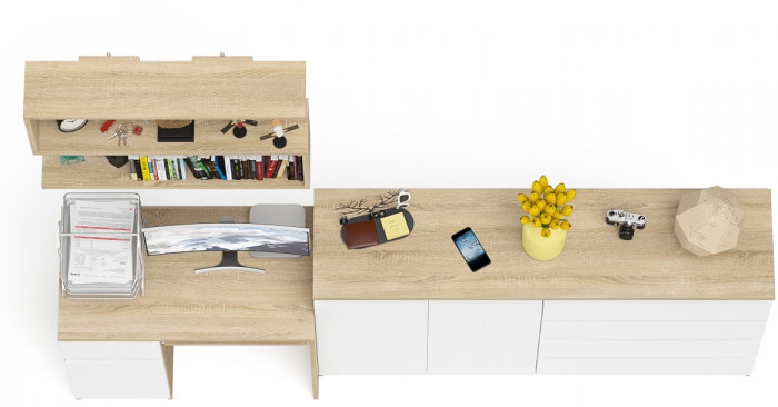 Мори Стол компьютерный МС-1 левый + Комод МК1600.1 + Полка 900, цвет дуб сонома/белый, ШхГхВ 250,4х50х209,6 см., НЕ универсальная сборка