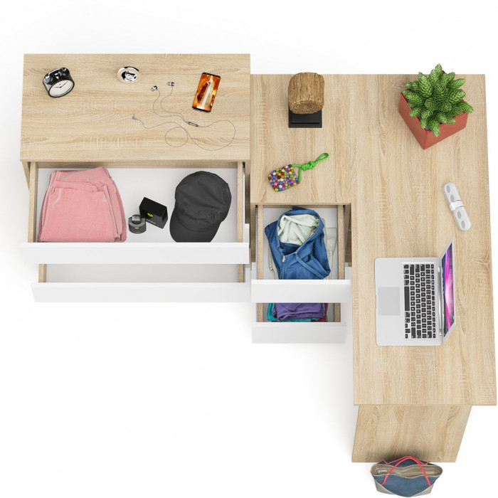 Мори Стол компьютерный МС-16 левый + Комод МК800.4, цвет дуб сонома/белый, ШхГхВ 204,8х84,9х94 см., выдвижные ящики слев, НЕ универсальная сборкаа