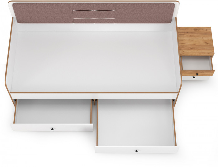 Вуди 11.02 Кровать + Тумба 13.287, цвет белый премиум/дуб крафт золотой/саванна латте, ШхГхВ 254,2х94,4х96,5 см, 900х2000 мм, б/м, осн. есть