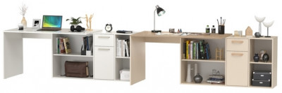 Два Стола письменных Лайт 03.245F, цвет белый шагрень/сатин/дуб эндгрейн элегантный, ШхГхВ 342,7х136х75,2 см.(угл.) или 407х68х75,2 см.(пр.), ун. сб.
