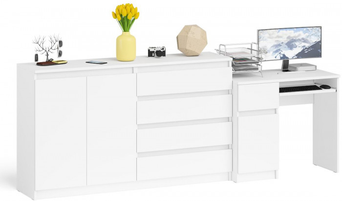 Мори Стол компьютерный МС-1 левый + Комод МК1600.1, цвет белый, ШхГхВ 250,4х50х94 см., выдвижной ящик слева, НЕ универсальная сборка
