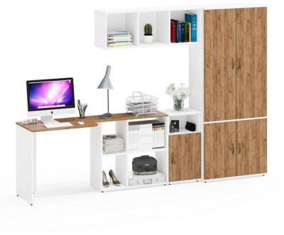 Лидер-8 Стол + Полка + Тумба МД 3.19 + Шкаф МД 20Б, цвет белый шагрень/крафт золото, ШхГхВ 285х50/37,5х75/190 или 115х200/50х75/190 см., НЕ ун. сб.