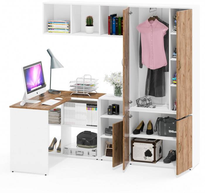 Лидер-8 Стол + Полка + Тумба МД 3.19 + Шкаф МД 20Б, цвет белый шагрень/крафт золото, ШхГхВ 285х50/37,5х75/190 или 115х200/50х75/190 см., НЕ ун. сб.