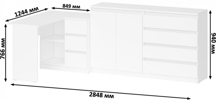 Мори Стол компьютерный МС-16 правый + Комод МК1600.1, цвет белый, ШхГхВ 284,8х84,9х94 см., выдвижные ящики справа, НЕ универсальная сборка