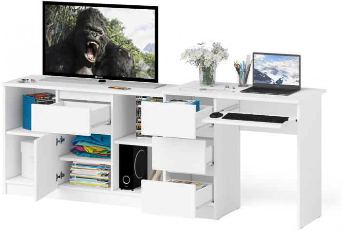 Мори Стол компьютерный МС-6 левый + Тумба МТВ1204.1, цвет белый, ШхГхВ 210,4х50х76,6 см., выдвижные ящики слева, НЕ универсальная сборка