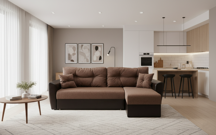 Диван-еврокнижка угловой Амстердам, 150х200, рогожка/экокожа коричневый