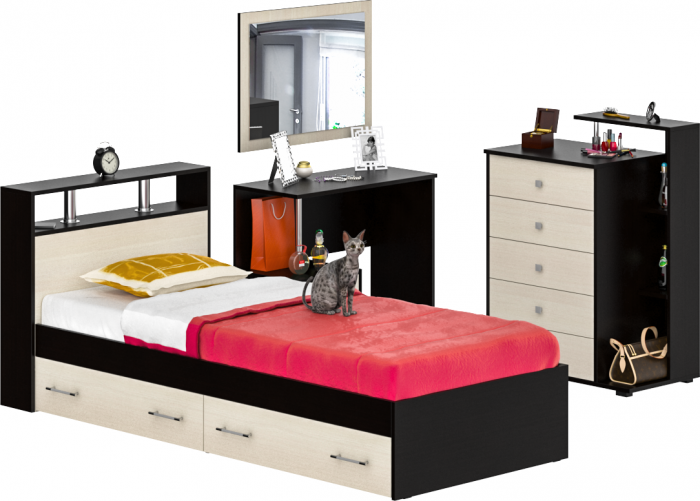 Камелия спальня № 14 Кровать с ящиками 900 + Стол косметический + Зеркало + Комод, венге/дуб лоредо