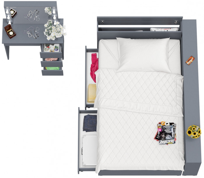 Ксения Кровать с ящиками 1200 + прикроватный блок + Столик с подсветкой Сура, графит