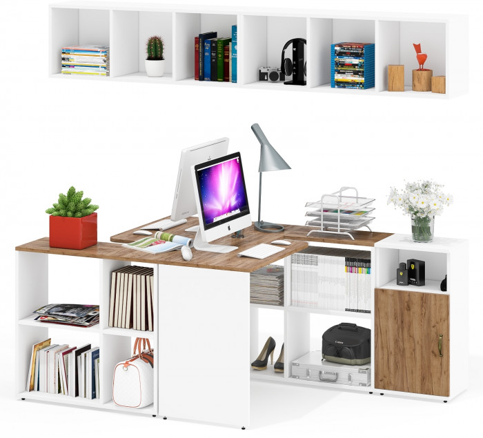 Лидер-8 Стол + Полка + Стол + Полка + Тумба МД 3.19, белый шагрень/крафт золото