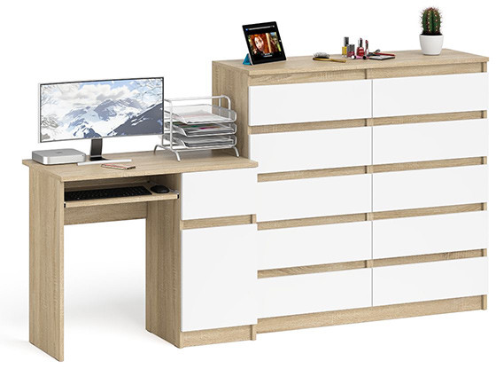 Мори компьютерный стол МС-1 правый + Комод МК1200.10, дуб сонома/белый
