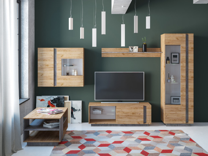 КР100 ??? Арчи Шкаф-витрина 03.263, цвет дуб крафт золотой/камень тёмный, ШхГхВ 60х41,3х193,7 см., подсветка за стеклом по торцу полки, НЕ уни. сб.