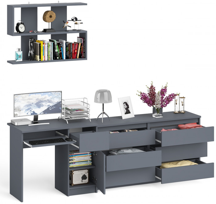 Мори Стол компьютерный МС-1 правый + Комод МК1380.6 + Полка 900, цвет графит, ШхГхВ 228х50х209,6 см., НЕ универсальная сборка