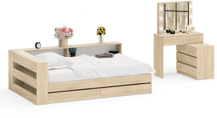 Ксения Кровать с ящиками 1200 + прикроватный блок + Столик с подсветкой 110, дуб сонома