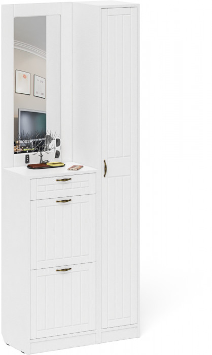 Прихожая П-6 Компоновка № 23, цвет белая шагрень/фасады МДФ белое дерево фрезеровка прованс, ШхГхВ 80х35х210 см., универсальная сборка