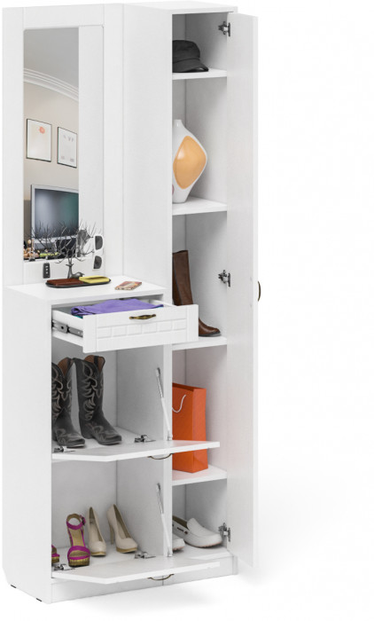 Прихожая П-6 Компоновка № 23, цвет белая шагрень/фасады МДФ белое дерево фрезеровка прованс, ШхГхВ 80х35х210 см., универсальная сборка