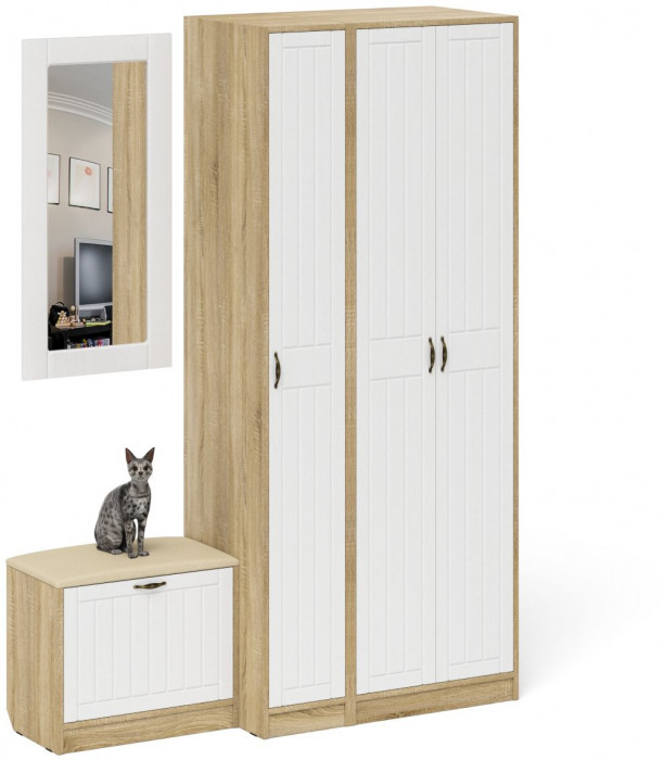 Прихожая П-6 Компоновка № 46, цвет дуб сонома/фасады МДФ белое дерево фрезеровка прованс, ШхГхВ 150х50х210 см., универсальная сборка