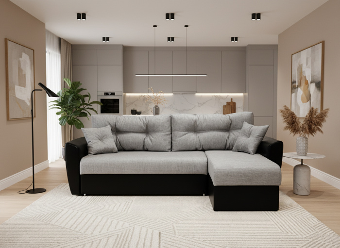 Диван-еврокнижка угловой Амстердам, 160х200, рогожка/экокожа серо-черный