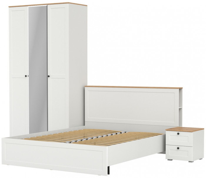 Остин 11.53 Кровать + ортопед + 13.336.03 Шкаф для одежды + 16.152 Тумба прикроватная, белый шагрень/дуб крафт золотой
