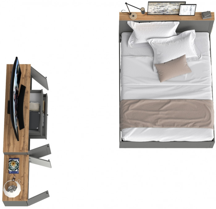 Остин 11.53 Кровать + ортопед + 16.47 Тумба под ТВ + 13.257 Тумба, серый графит/дуб крафт золотой