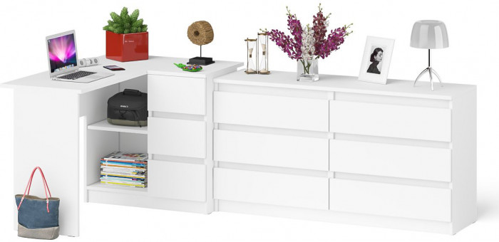 Мори Стол компьютерный МС-16 правый + Комод МК1380.6, цвет белый, ШхГхВ 262,4х84,9х76,6 см., выдвижные ящики справа, НЕ универсальная сборка