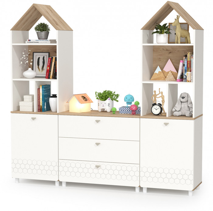 Эйп 13.14 Стеллаж + 13.322 Комод + 13.14 Стеллаж, цвет белый/дуб белый, ШхГхВ 191х41,5х183,8 см., универсальная сборка