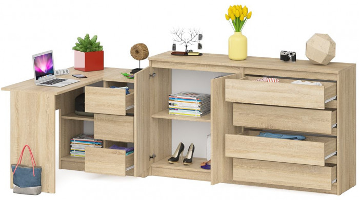 Мори Стол компьютерный МС-16 правый + Комод МК1600.1, цвет дуб сонома, ШхГхВ 284,8х84,9х94 см., выдвижные ящики справа, НЕ универсальная сборка