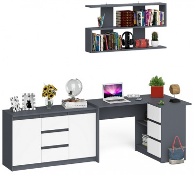 Мори компьютерный стол МС-16 правый + Комод МК1200.3 + Полка 1200, графит/белый